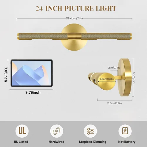 Miniatura 3 de Luz de cuadro roscada de cableado fijo, luz de cuadro de latón de 24 pulgadas para pared, luces de arte doradas regulables, aplique giratorio
