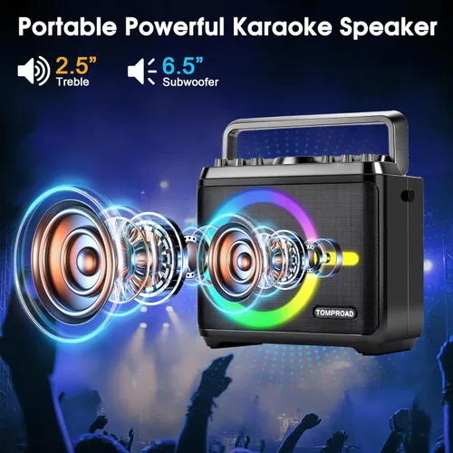 Miniatura 2 de Máquina de karaoke, altavoz Bluetooth con 2 micrófonos inalámbricos, amplificador de voz portátil, sistema PA para adultos y niños con luces LED