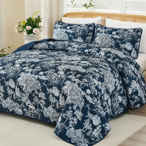 Miniatura 25 de WONGS BEDDING Juego de edredón botánico tamaño Queen, negro, 3 piezas, colcha con estampado floral de plantas Toile, juego de ropa de cama