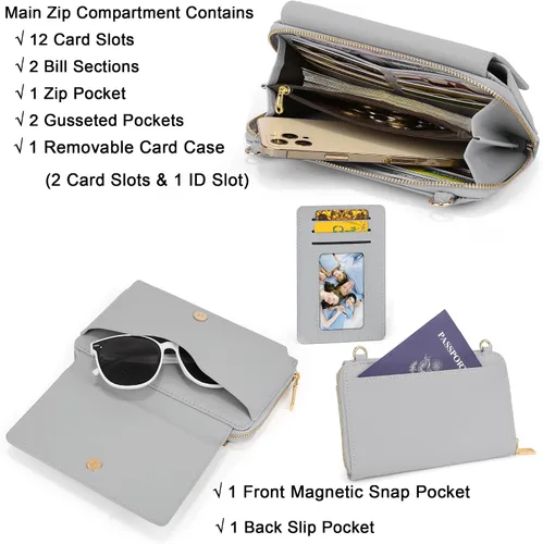 Miniatura 3 de UTO Cartera RFID para mujer, bolso cruzado para teléfono celular para mujer, tarjetero de viaje de moda, cartera de mano con 2 correas, 1266 Gris