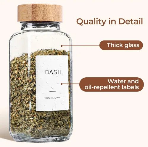 Miniatura 4 de ComSaf 8 oz 6 piezas de tarros de especias de vidrio con etiqueta, recipientes de especias vacíos con tapas de bambú, recipientes de condimento
