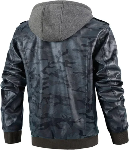 Miniatura 2 de Maiyifu-GJ Chaqueta de cuero sintético de camuflaje para hombre, chaqueta de moto cálida con capucha extraíble de poliuretano para motocicleta, Azul