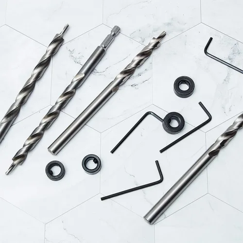 Miniatura 4 de 4 piezas de broca de orificio de bolsillo de 3/8 pulgada con collar de tope de profundidad, vástago hexagonal de 1/4 y vástago redondo de repuesto