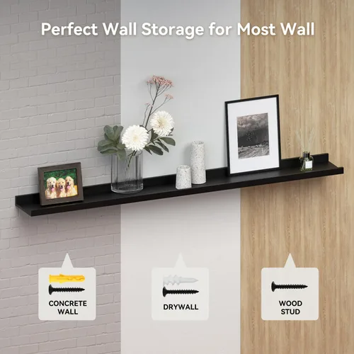 Miniatura 7 de RICHER HOUSE Juego de 3 estantes flotantes para pared, estantes negros de 16 pulgadas para montar en la pared con borde para almacenamiento, estante