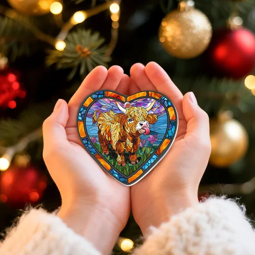 Miniatura 4 de 1 pieza Adorno de vaca de tierras altas de cerámica con 2 lados impresos 2025, Adorno de árbol de Navidad con forma de corazón, lindo recuerdo