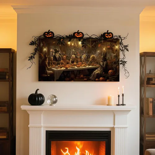 Miniatura 4 de YONICA Lienzo gótico enmarcado de Halloween para sala de estar, decoración del hogar, Halloween, fantasma, bruja y calabaza, sobre lienzo, YKWSJ603
