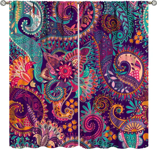 Cortinas bohemias vintage, diseño de mandala bohemio indio, cortinas térmicas opacas con patrón colorido, cortinas térmicas para dormitorio, sala de