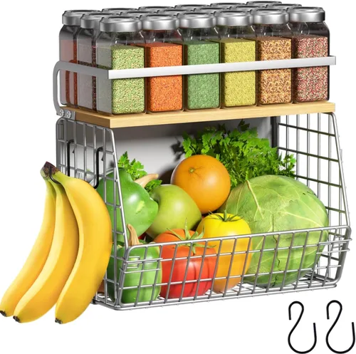 Miniatura 17 de Juego de 2 estantes magnéticos para refrigerador con tapa de madera, contenedores de almacenamiento de papas y cebollas, organizadores y Negro