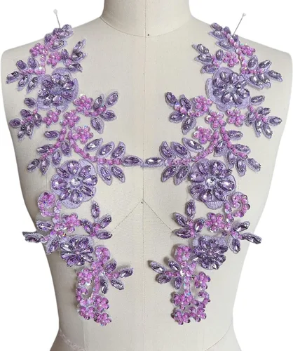 Miniatura 18 de 1 par de parches de encaje con cristales brillantes, cuentas de vidrio y piedras, para coser a mano, accesorios para decoración de vestidos de novia