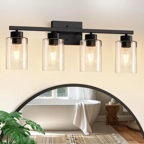 Miniatura 10 de IZORRO Moderna lámpara de baño, 3 luces negras claras, accesorios de iluminación de baño sobre espejo con vidrio transparente para sala de estar