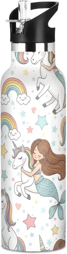 Water Bottle for Kids with Straw 20 Oz Water Bottle Insulated for Boys Girls, BPA-Free, Mermaid Unicorn Rainbow