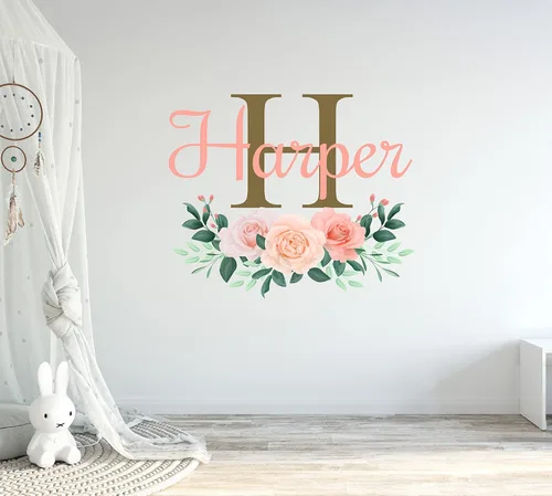 Calcomanías de pared personalizadas con nombre y inicial de flores, decoración artística de peonías, calcomanías murales de niñas para decoración de