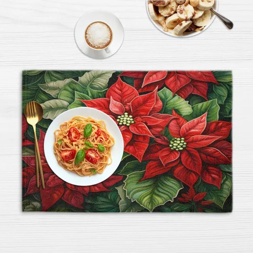 Miniatura 6 de Juego de 4 manteles individuales con diseño de flor de pascua de Navidad, lavables, impermeables, para decoración de mesa de comedor, 18 x 12