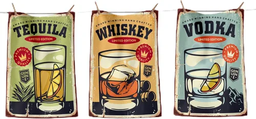Juego de 3 paños de cocina, 100% algodón, para barra de secado, retro, vintage, decorativo, licor, whisky, tequila, vodka, vintage, decorativo,