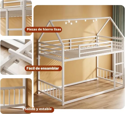 Miniatura 5 de LIKIMIO - Litera de tamaño individual sobre individual, estructura de cama litera con escalera y barandilla, en forma de casa con listones de metal
