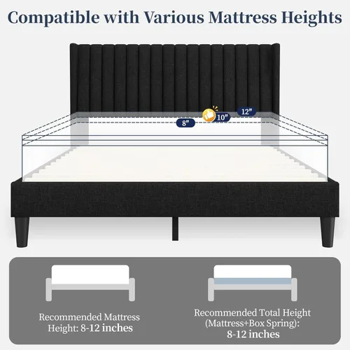 Miniatura 7 de Yaheetech - Base de cama tamaño queen con plataforma tapizada y cabecera de tela, diseño de borde ala, antideslizante y silenciosa, soporte de Negro