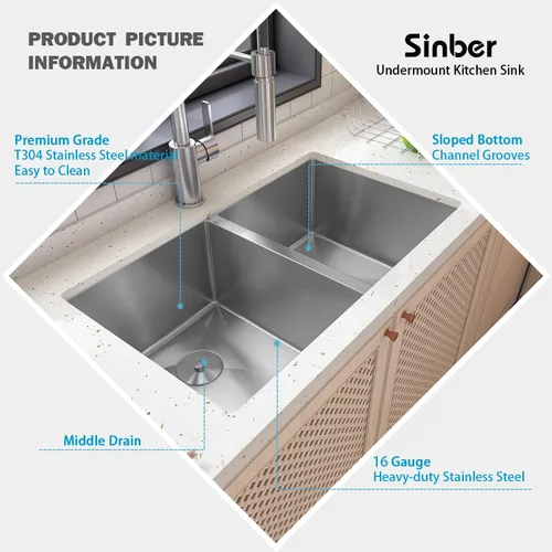 Miniatura 3 de Sinber MU3218D Fregadero de Cocina de Doble Tazón Bajo Encimera de 32" x 18" x 9" con Acero Inoxidable 304 Calibre 18 Acabado Satinado