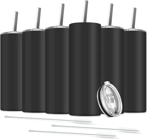 Miniatura 22 de Paquete de 6 vasos delgados de acero inoxidable, vaso de agua de doble aislamiento de 20 onzas con 6 popotes y 3 cepillos, taza de viaje al vacío