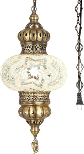 Miniatura 8 de DEMMEX Lámpara colgante de techo con globo de mosaico turco marroquí de 10 pulgadas XL, luz de techo enchufable con cadena y cable de 15 pies