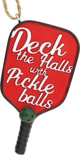 Needzo Adorno de Navidad de pickleball de resina, cubre los pasillos con bolas de pepinillo, paleta roja, accesorios para árbol colgante, 3 pulgadas