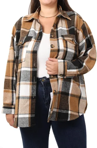 MCEDAR Chaqueta de franela a cuadros de gran tamaño para mujer, casual, con solapa, manga larga, con botones, tallas grandes (S-4X)