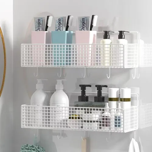 Miniatura 10 de Cestas colgantes de metal, paquete de 2 unidades, organizador de almacenamiento de pared de alambre con ganchos, estantes adhesivos para cocina