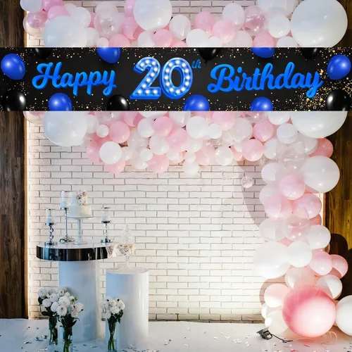 Miniatura 7 de Cartel azul y negro de feliz cumpleaños número 20, decoración temática de globos de confeti para niñas y mujeres, decoraciones de fiesta