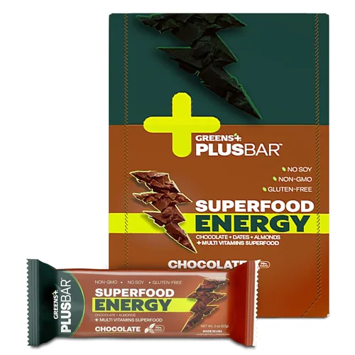 Greens+ Plusbar Energy Chocolate | Barra energética sin gluten | Verduras orgánicas | Chocolate negro orgánico | Sin OMG | 12 barras