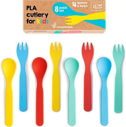 GET FRESH Juego de cucharas y tenedores para niños, paquete de 8 utensilios sin melamina para niños pequeños, juego de cubiertos reutilizables aptos