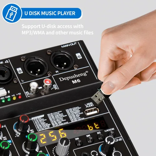 Miniatura 2 de Depusheng M6 Mezclador DJ portátil de 6 canales con Bluetooth, consola de mezcla de sonido MP3 incorporada con 256 efectos digitales, 48V Phantom