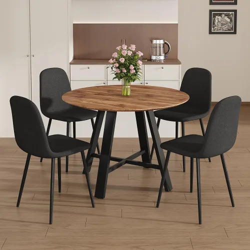 Miniatura 8 de Juego de 4 mesas de comedor redondas de 42 pulgadas para 4, sillas de mesa de cocina modernas, juego de 4 sillas tapizadas de madera con patas