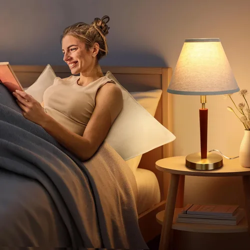 Miniatura 5 de Lámpara de mesa de madera moderna de mediados de siglo, control táctil y lámpara de noche regulable de 3 vías para dormitorio, sala de estar, mesita