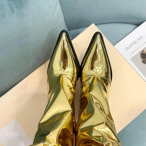 Miniatura 26 de Vertundy Botas altas hasta la rodilla metálicas con punta puntiaguda para mujer, botas altas de tacón alto de charol plisadas, botas largas plisadas