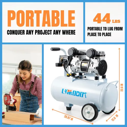 Miniatura 3 de Compresor de aire silencioso, solo 68 dB, tanque de acero de 8 galones, 2.8CFM a 90 PSI, sin aceite, compresor de aire eléctrico perfecto
