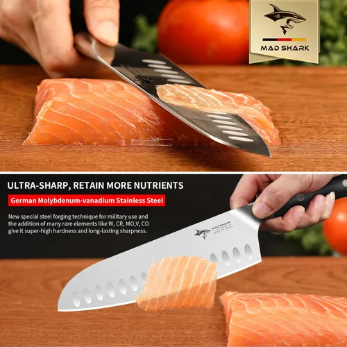 Miniatura 3 de Mad Shark - Cuchillo de chef profesional Santoku de 8 pulgadas, de acero inoxidable alemán de alto carbono, antiadherente, ultra afilado, con mango