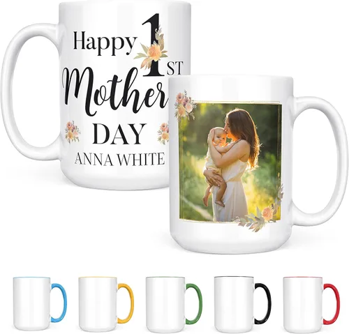 Miniatura 11 de Regalos para el primer día de la madre, taza de café personalizada con foto y nombre, 11 o 15 onzas, 10 opciones de color, taza personalizada