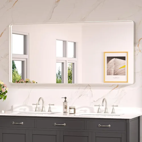Miniatura 29 de Keonjinn Espejos de baño negros para sobre el fregadero, espejos cuadrados grandes de 36 x 36 pulgadas para pared, espejo rectangular redondeado