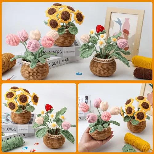 Miniatura 7 de cedarol Kit de ganchillo para principiantes, kit de ganchillo de tulipán multicolor en maceta, kit de inicio de ganchillo con video paso a paso