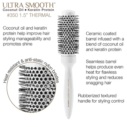Miniatura 2 de Cricket Cepillo térmico de coco ultra suave, barril de cerámica de 1.5 pulgadas, aceite de coco y queratina, cerdas antiestáticas resistentes al