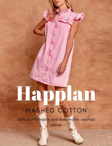 Miniatura 3 de happlan Vestido de mezclilla con botones y cuello de loto desgastado para mujer