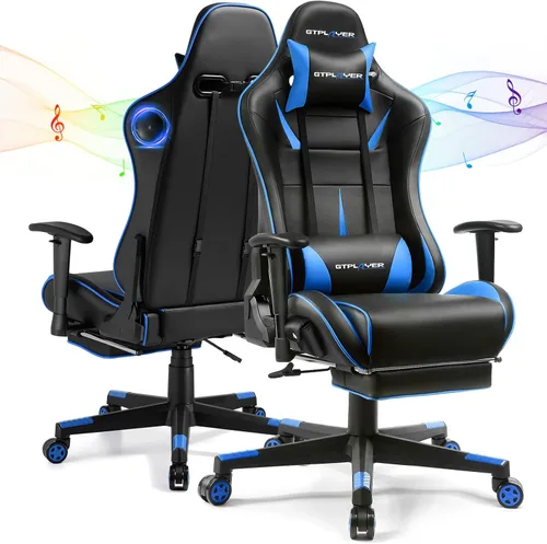 GTPLAYER Silla de juegos con altavoces, sillas de videojuegos con reposapiés para adultos, silla reclinable ergonómica de computadora para jugadores