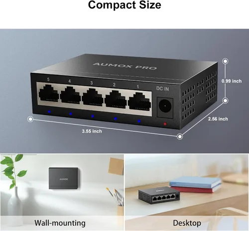Miniatura 3 de Conmutador Ethernet Gigabit no administrado de 5 puertos, concentrador de red AUMOX PRO Home, divisor Ethernet de oficina, Plug-and-Play
