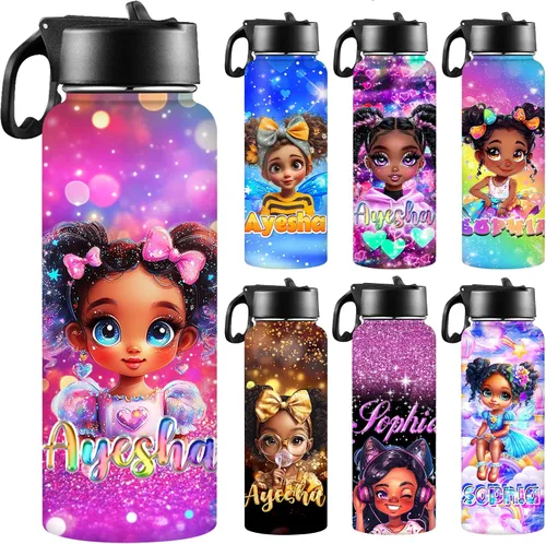 Miniatura 34 de Botellas de agua personalizadas para niñas, de acero inoxidable con aislamiento de doble pared con pajita, botella de agua de color degradado