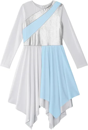 Miniatura 3 de JEATHA Vestido tipo túnica asimétrica de alabanza metálica brillante de manga larga para niños y niñas, disfraz de baile contemporáneo lírico