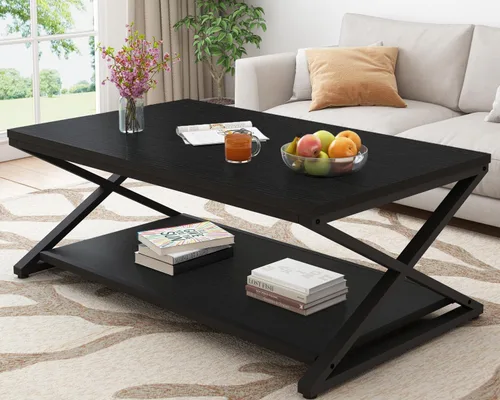 HSH Mesa de café negra moderna, mesa de cóctel rectangular simple de 47 pulgadas con estante de exhibición de almacenamiento, mesa de té industrial