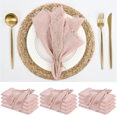 Miniatura 34 de Paquete de 12 servilletas de lino y algodón beige de 16 x 16 pulgadas, hechas a mano con flecos, servilletas de tela suave, lavables y rústicas