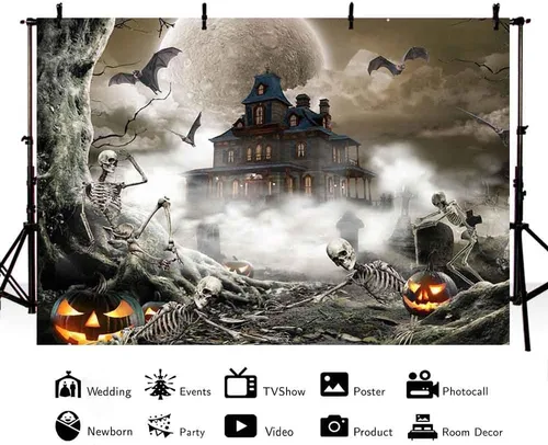 Miniatura 2 de AIBIIN Telón de fondo de fotografía gris de Halloween de 8 x 6 pies, luna llena, noche de miedo, fantasma, castillo, fondo para fotos, calabaza