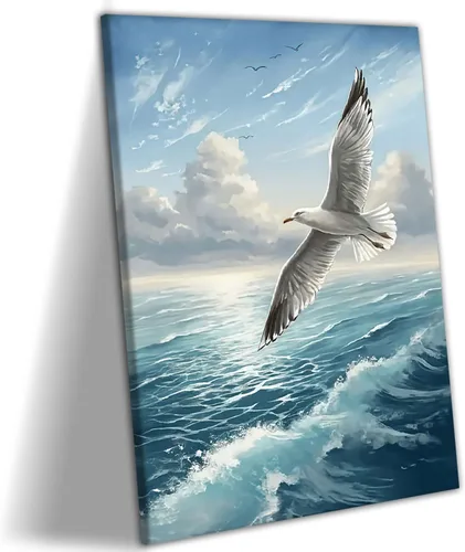 Miniatura 12 de 2 lienzos enmarcados para pared, impresiones artísticas de gaviotas volando sobre olas del océano, póster de pintura náutica costera, galería