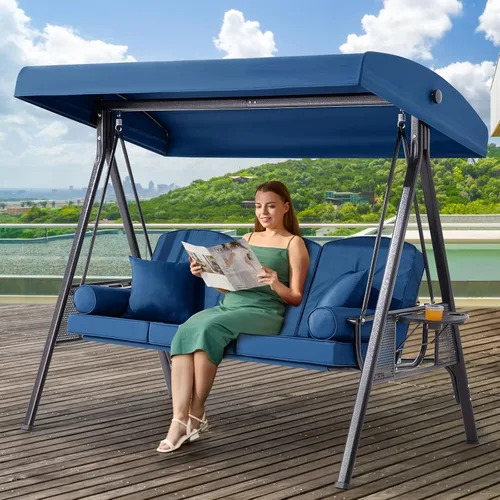 Miniatura 30 de Columpio de porche para exteriores 3 en 1 con toldo ajustable, columpio de 3 asientos para adultos, columpio de patio con cojines gruesos, almohadas