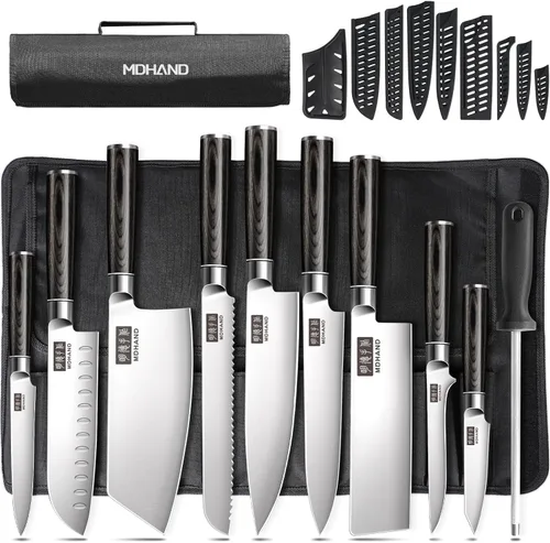 MDHAND - Juego de cuchillos de chef con bolsa enrollable, juego de 10 cuchillos profesionales con afilador, cuchillos de cocina japoneses de acero